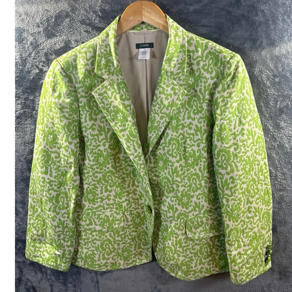 VTG Y2K 2005 Women’s J Crew Single-Breasted Green/White Damask Blazer Size 14